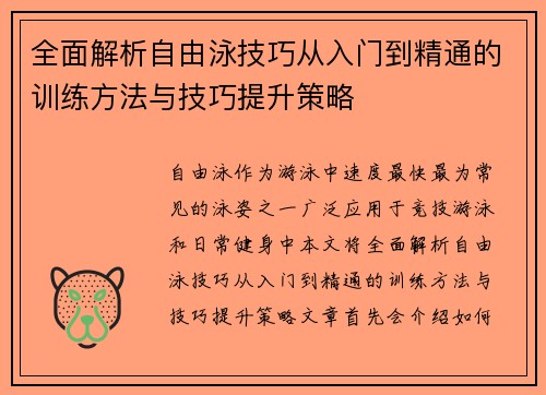 全面解析自由泳技巧从入门到精通的训练方法与技巧提升策略